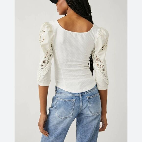 Free People Brunch Date Puffed Sleeve Crochet Top Size Medium - Picture 2 of 8